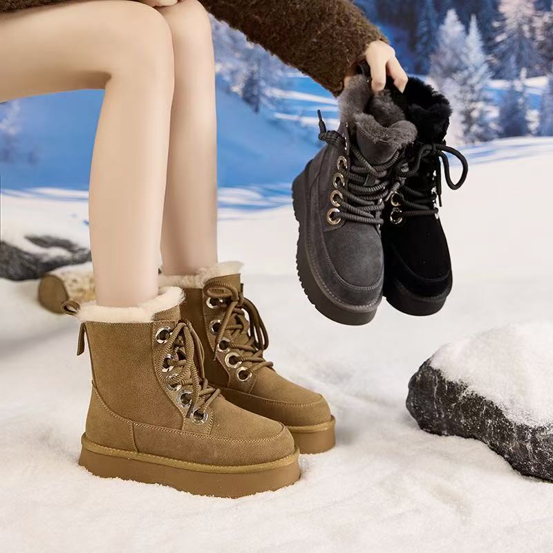 真皮真毛雪地靴加绒新款冬季保暖女鞋子防水防滑东北厚底高帮靴女
