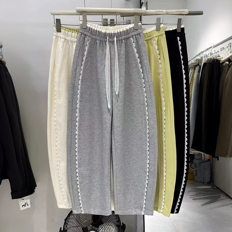 女童卫裤春季女大童韩版洋气蕾丝花边阔腿裤儿童春装弯刀运动裤子