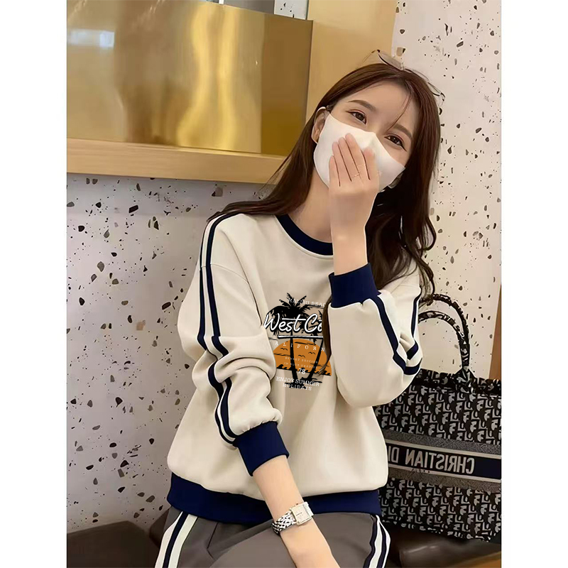 韩版圆领拼色卫衣女秋冬新款宽松大码胖mm加绒上衣洋气设计感外套