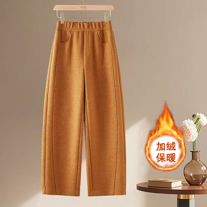 拉夏贝尔南瓜橙加绒毛呢弯刀裤女2025年秋冬季宽松休闲时尚直筒裤