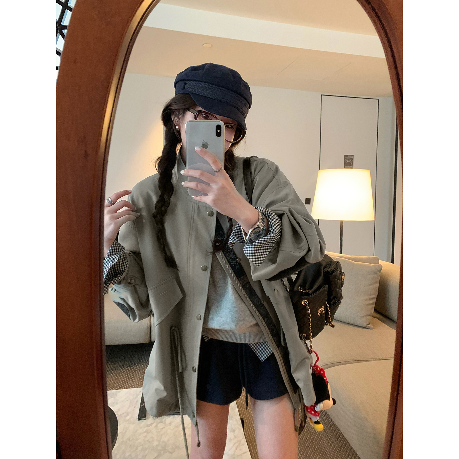 秋季新款拼接高级感灰绿色宽松廓型收腰风衣外套女休闲百搭小众款