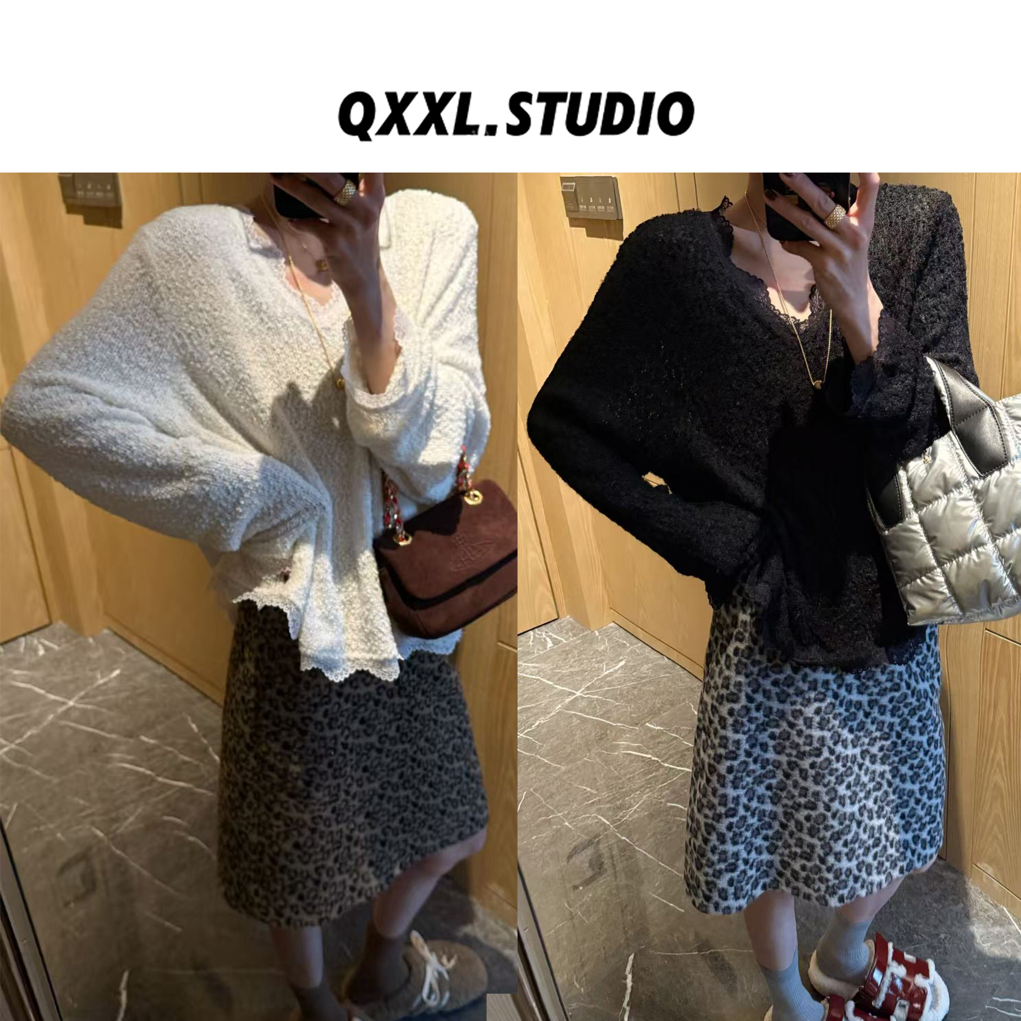 邱小小丽呀 冬季新款V领蕾丝边T恤衫女百搭时髦气质长袖套头上衣