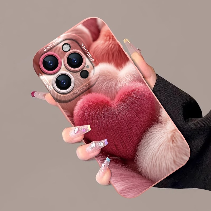 毛茸茸爱心适用苹果16promax硅胶手机壳iPhone15网红13女款全包12