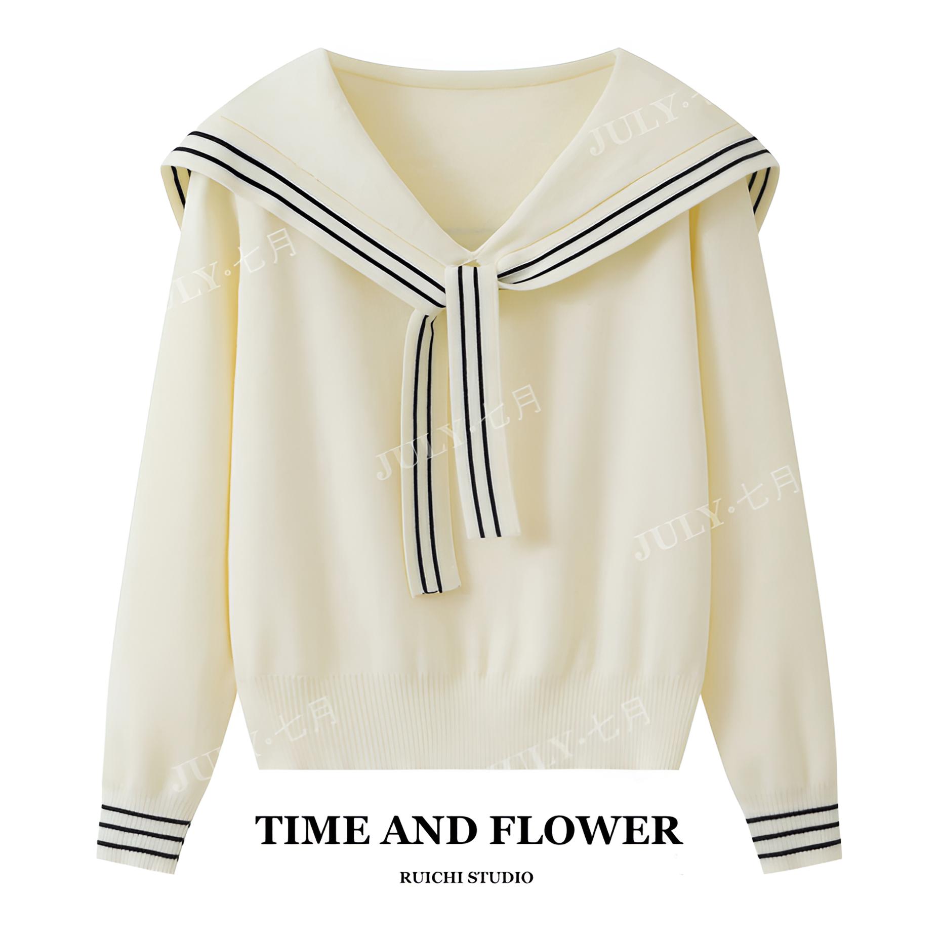 2025早秋新款海军领纯色长袖系带薄款针织衫高级感洋气宽松上衣女