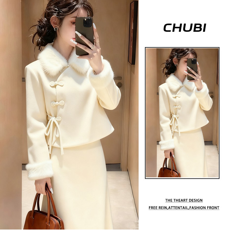 名媛新中式穿搭一整套女2025新款加绒斜襟盘扣上衣气质半身裙套装