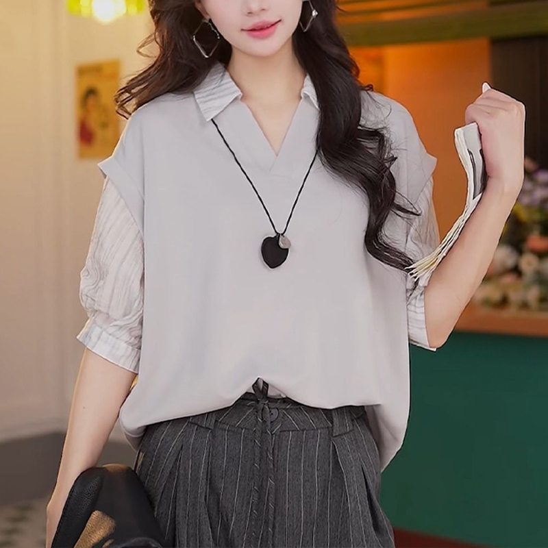 韩版别致设计感假两件五分袖轻薄小衫遮肉显瘦洋气百搭POLO领上衣
