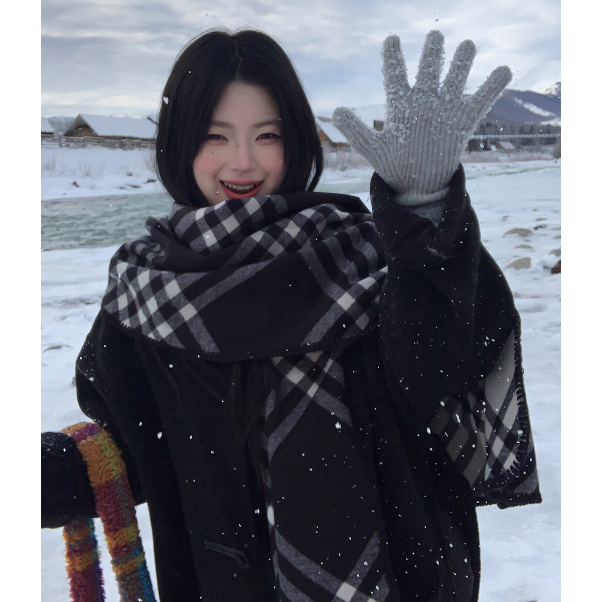 韩系复古锁边围巾2024年冬季围脖