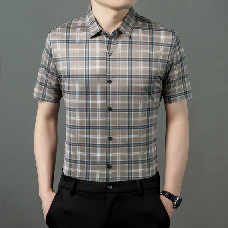 卡尔皮诺6601夏季男士免烫格子衬衫高档新款短袖薄款网红衬衫男