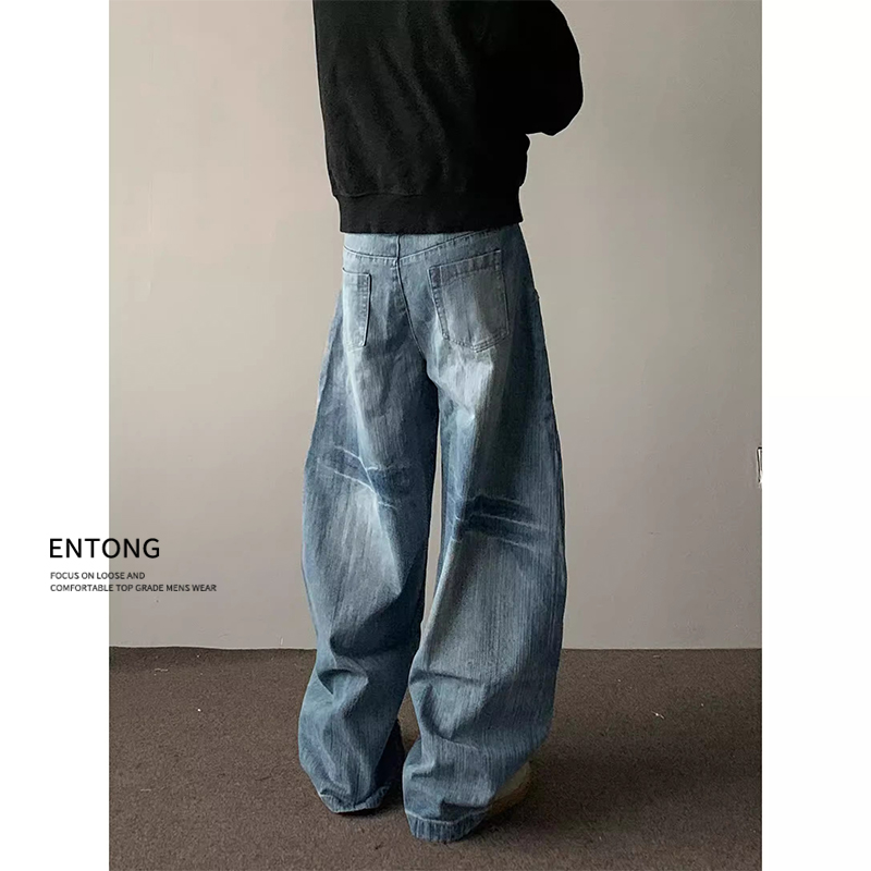 Entong美式复古弯刀牛仔裤男生宽松设计感cleanfie百搭阔腿裤子潮