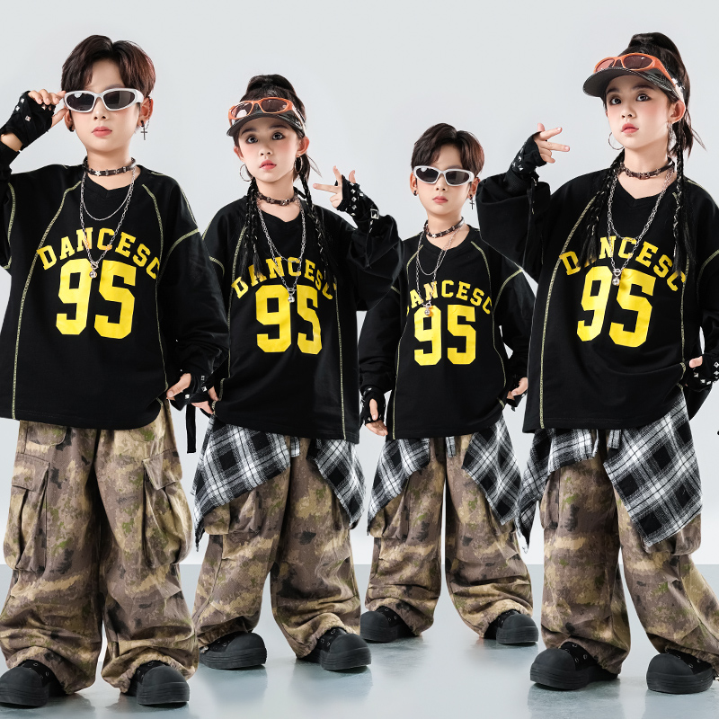 儿童潮酷嘻哈街舞表演服装男童女童迷彩风演出服爵士舞hiphop帅气