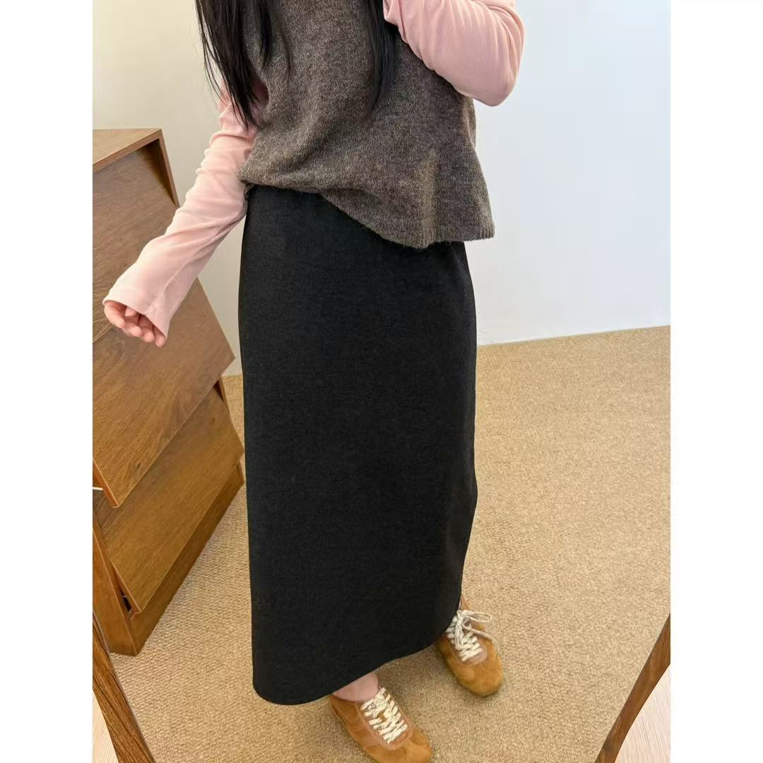 小个子韩版高腰A字裙松紧腰百搭时尚后开叉显瘦半身裙中长裙