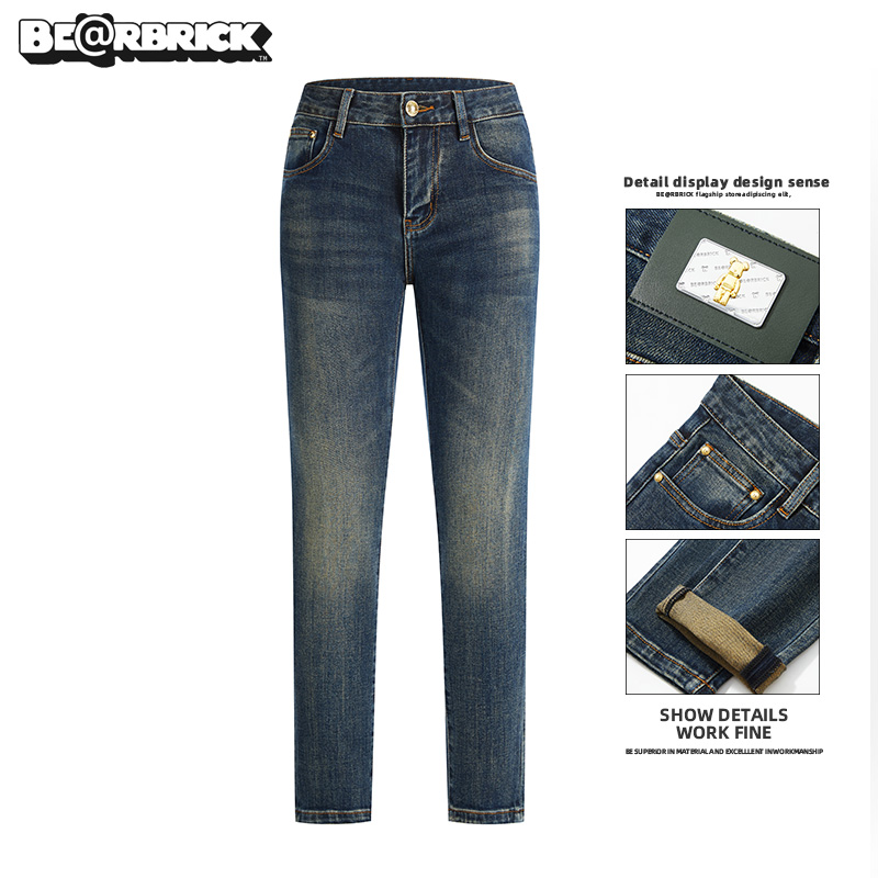 Be@rbrick积木熊【明星同款】靛青蓝牛仔裤男士秋冬气质修身长裤