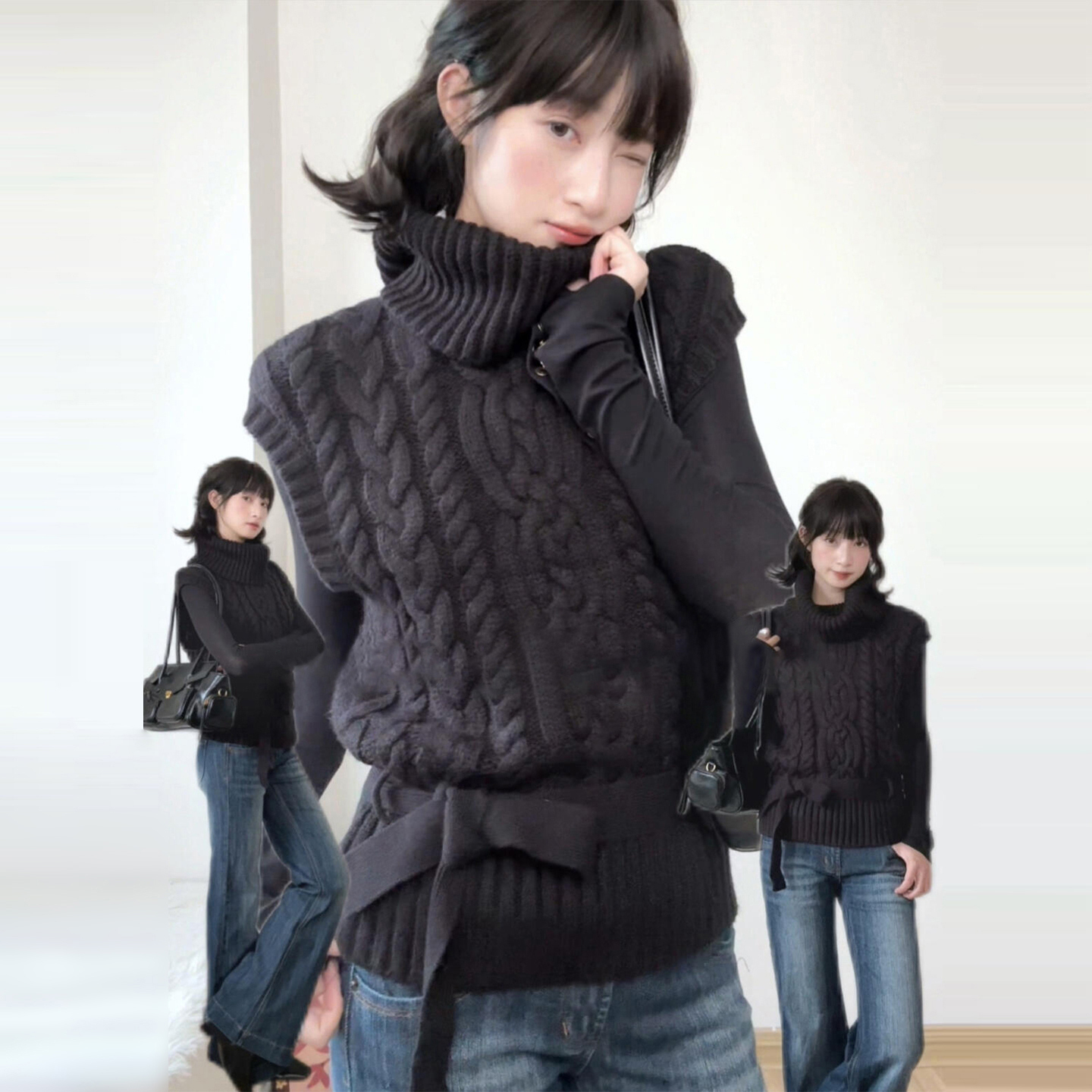 黑色高领麻花毛衣马甲背心女秋冬季内搭可外穿无袖叠穿针织衫上衣