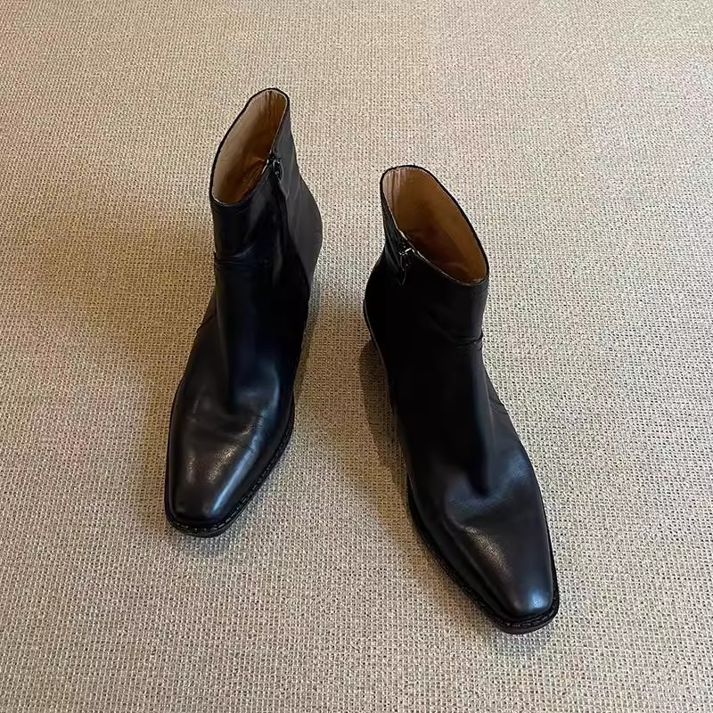 英伦风真皮方头马丁靴女复古粗跟侧拉链显瘦高跟短靴气质通勤单靴