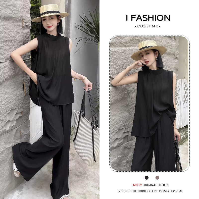 慵懒风时尚套装女2025年夏季新款韩版百搭无袖上衣阔腿裤两件套潮