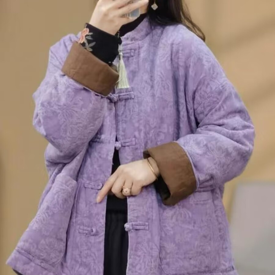 2025冬季新款复古禅意立领单排盘扣提花时尚棉麻夹棉休闲棉衣外套