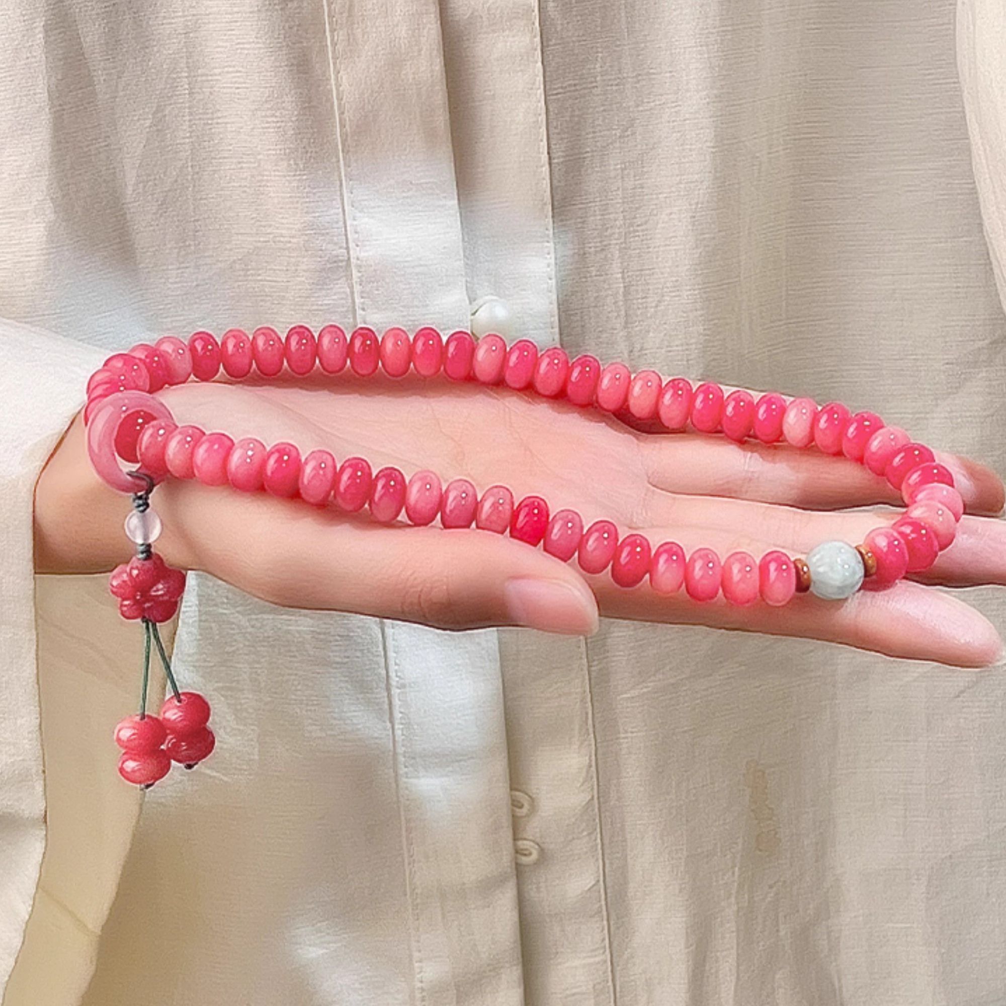 国风粉紫色菩提双圈手串女绕指柔文玩盘串百搭菩提手持（赠盘玩袋）