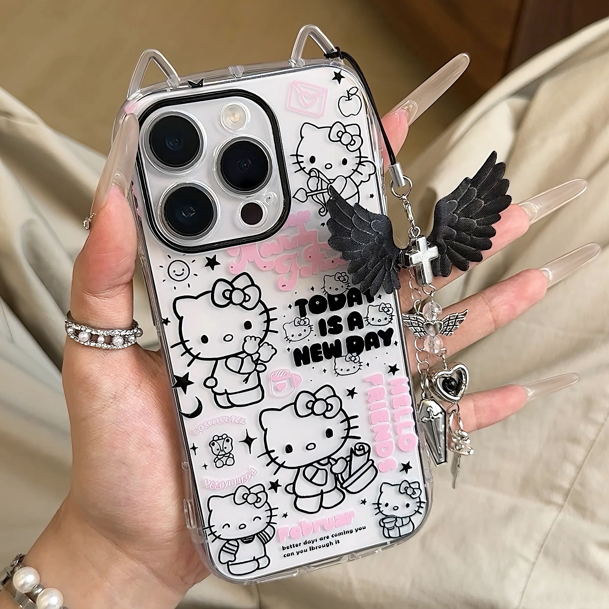 暗黑线条KT猫适用iPhone16/13promax苹果15猫耳手机壳14/12卡通11