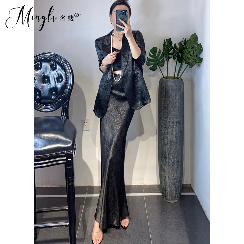 高级时尚提花西装外套配包臀长裙套装名媛女神秋季新款总裁范女装