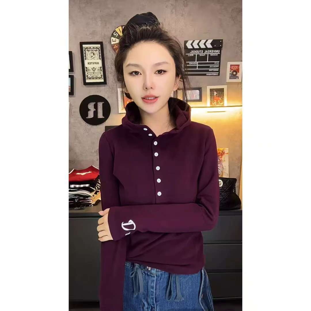 双面德绒连帽半开扣长袖T恤女修身显瘦百搭气质上衣