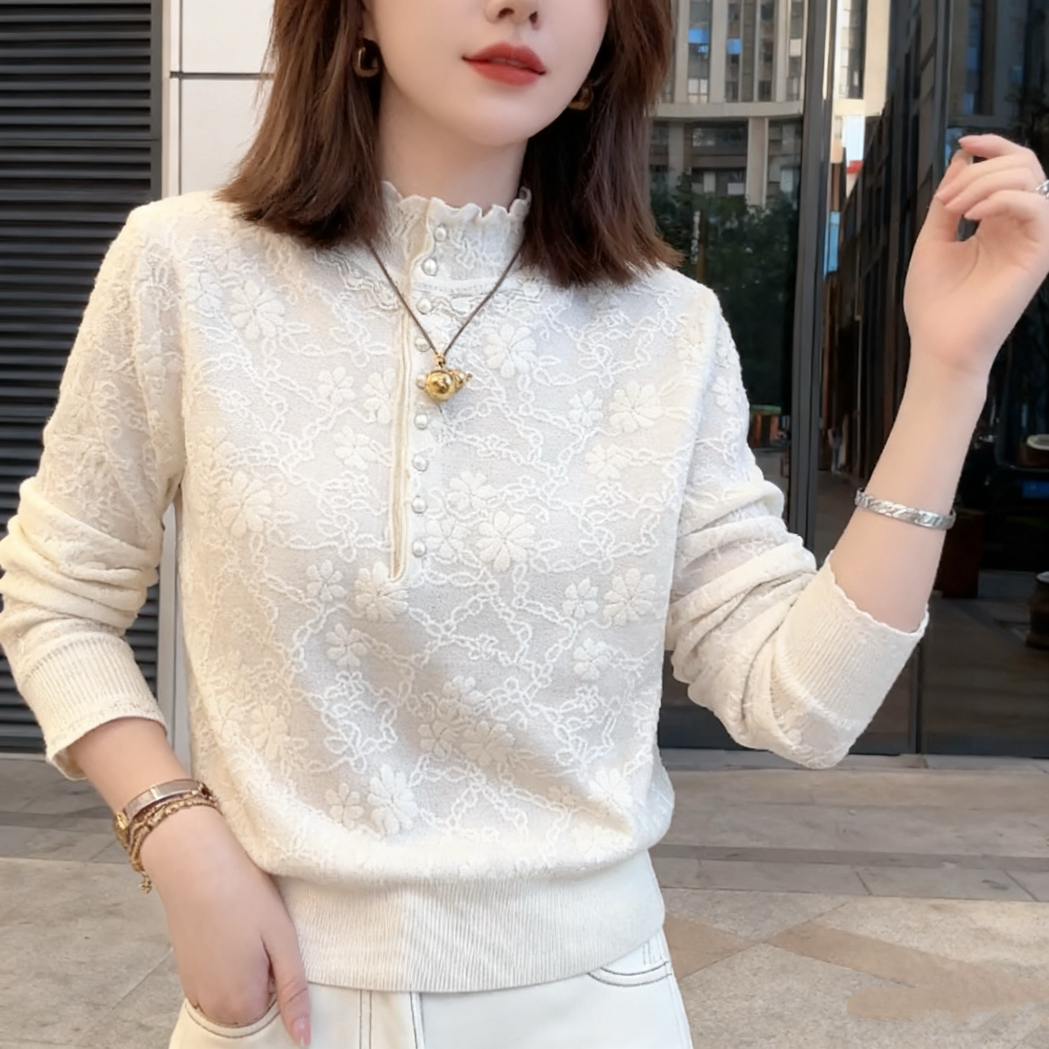 「珍珠扣花边毛衣」2025秋冬新款针织立领袖口镂空纽扣高级气质毛衣