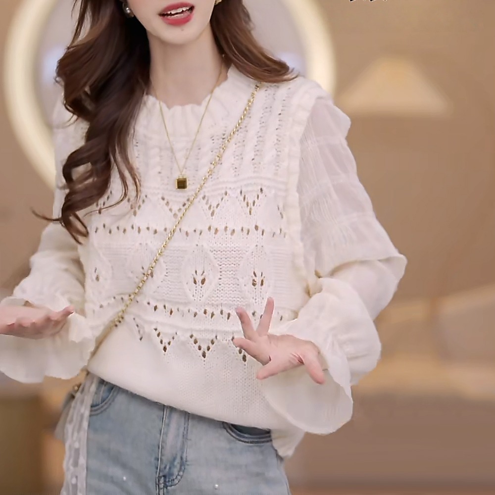 假两件镂空针织衫长袖t恤女2026春秋新款设计感小众宽松衬衫上衣