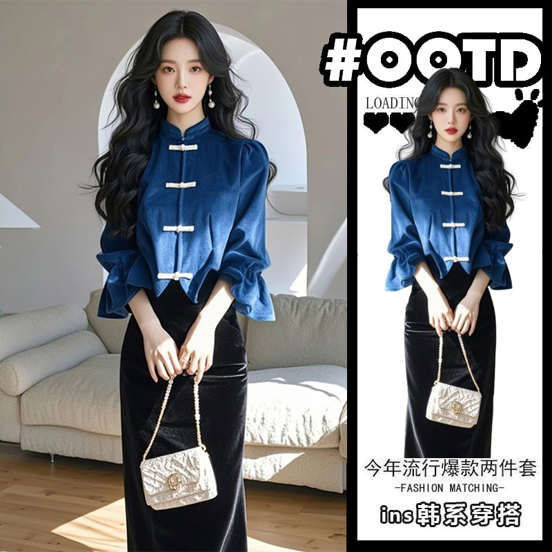 2025春季新款女装新中式国风蓝色灯芯绒套装女大方得体穿搭两件套