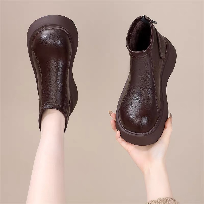 真皮厚底短筒靴女2025秋冬新款加绒加厚圆头皮面勃肯鞋增高马丁靴