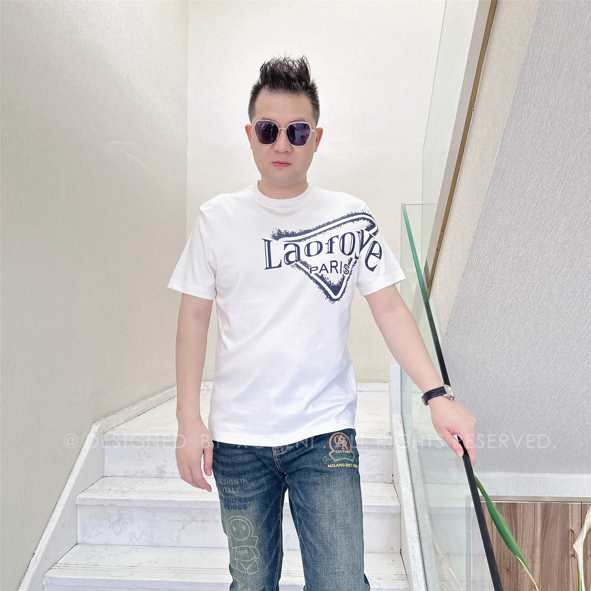 秋冬款LAOFOYE左胸连臂大三角男士品质高端轻奢洋气潮牌短袖t恤