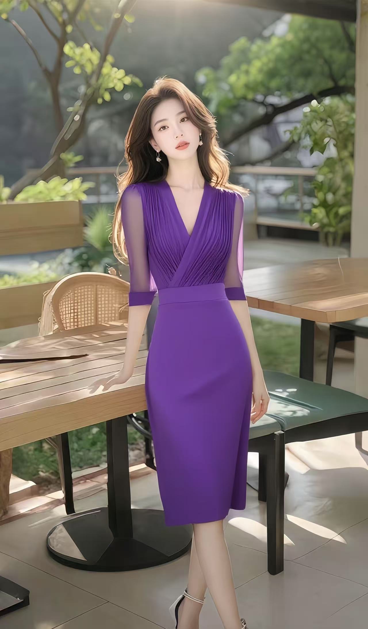 轻熟知性风紫色V领中袖修身收腰包臀中长裙法式连衣裙女气质名媛