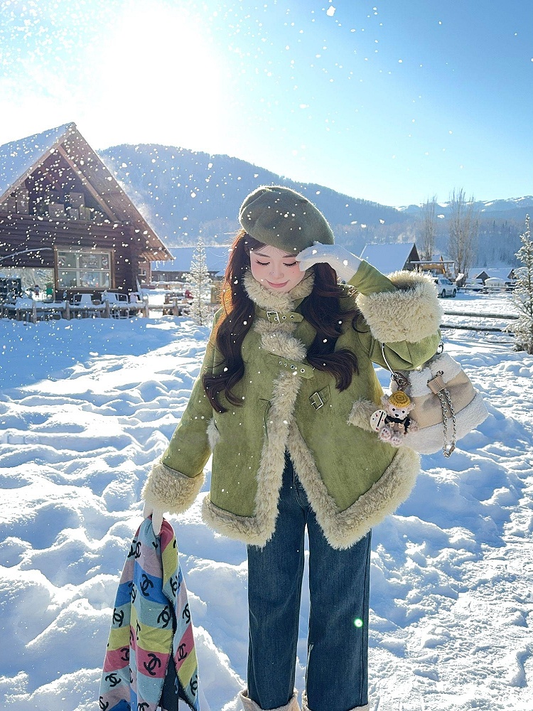 麋鹿手札 2025冬季新款加厚保暖毛毛外套百搭翻领立领两色短上衣