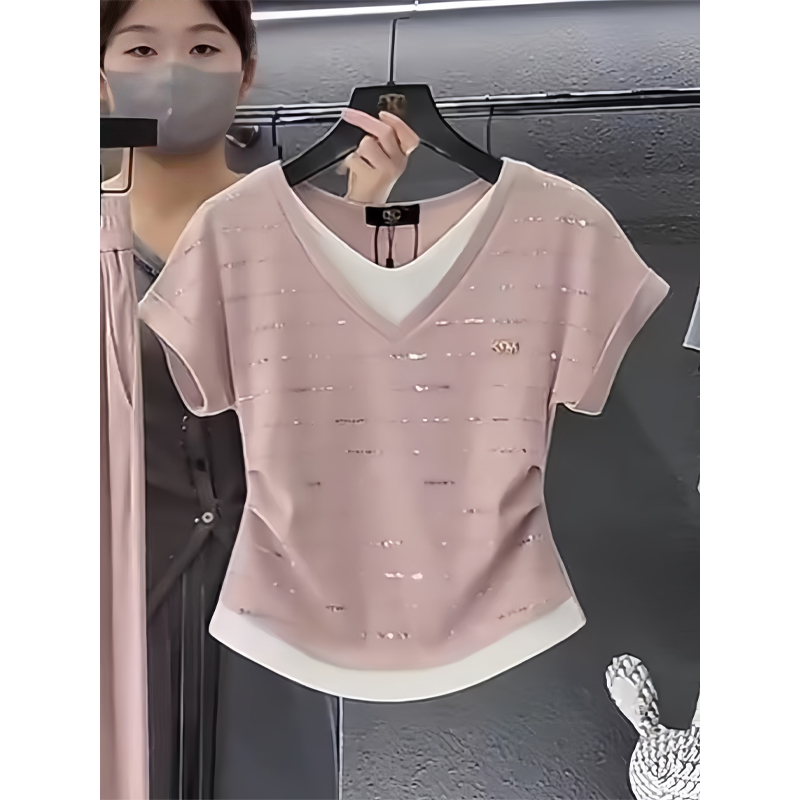 短袖T恤女烫钻假两件新款洋气2025夏季拼接设计感时尚显瘦上衣女