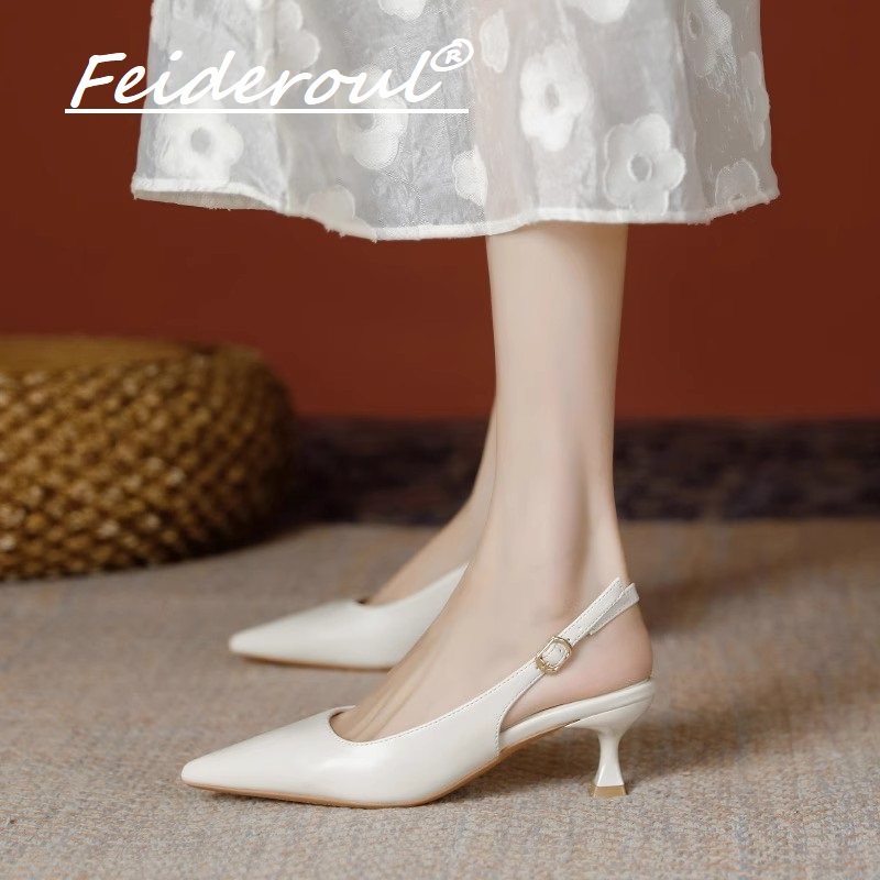 Feideroul尖头绝美小高跟细跟2025新款不累脚一字带法式包头凉鞋