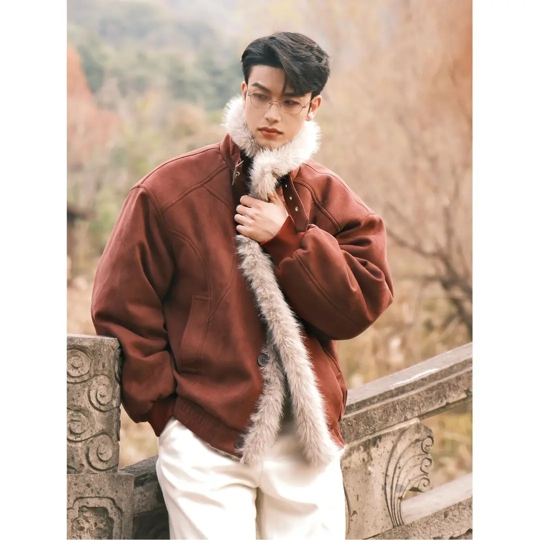 2025冬季座山雕新款皮毛一体短款加厚保暖翻领外套男时尚夹克棉衣