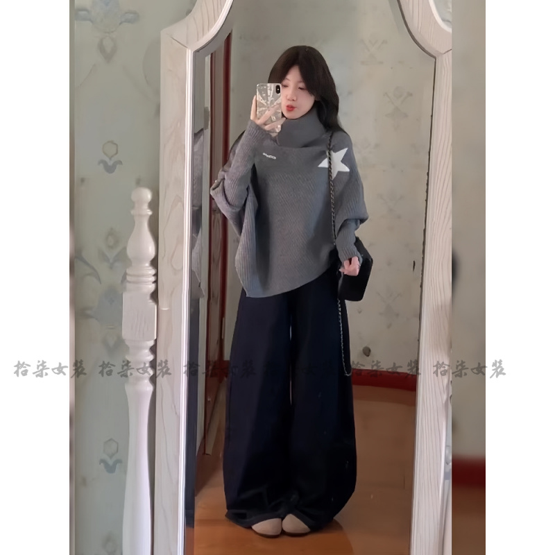 秋冬小个子搭配一整套ootd穿搭不规则斗篷针织衫毛衣牛仔裤两件套