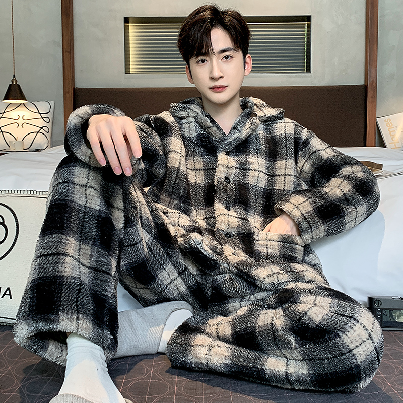 新款加绒加厚冬季男士睡衣翻领珊瑚绒舒适防寒保暖冬天男款家居服