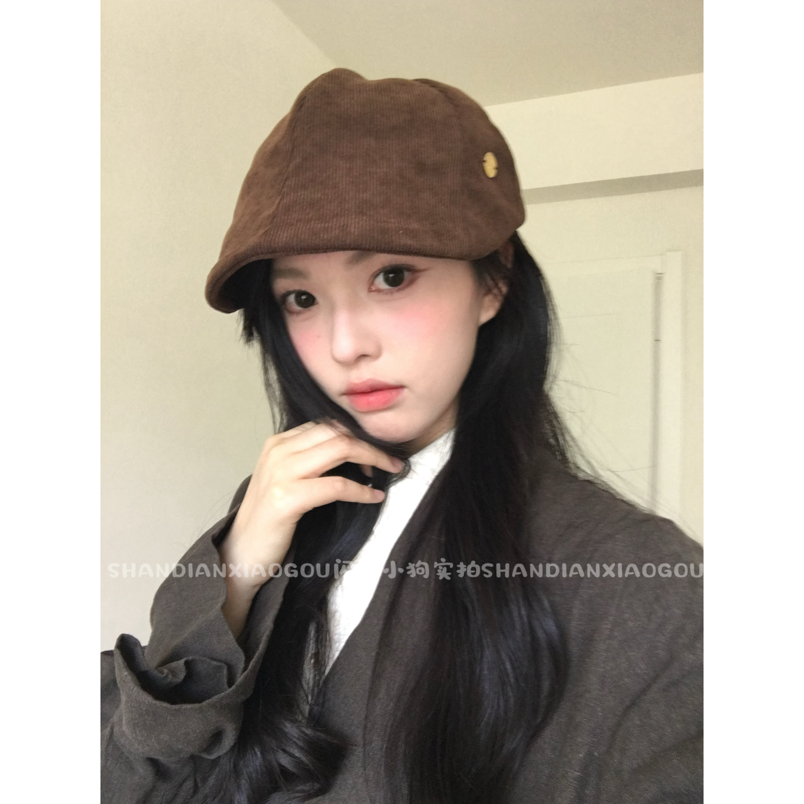 灯芯绒鸭舌前进帽*秋冬新款大头围帽子 显脸小日系女帽子