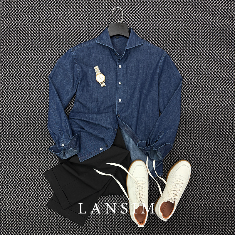LANSIM·意式绅士温莎领牛仔蓝衬衫男春秋季通勤百搭休闲衬衣外套