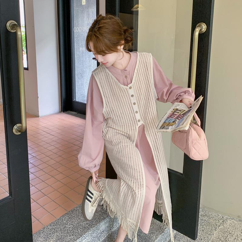 粉色镂空罩衫连衣裙叠穿套装女2025秋季新款韩系超好看减龄两件套