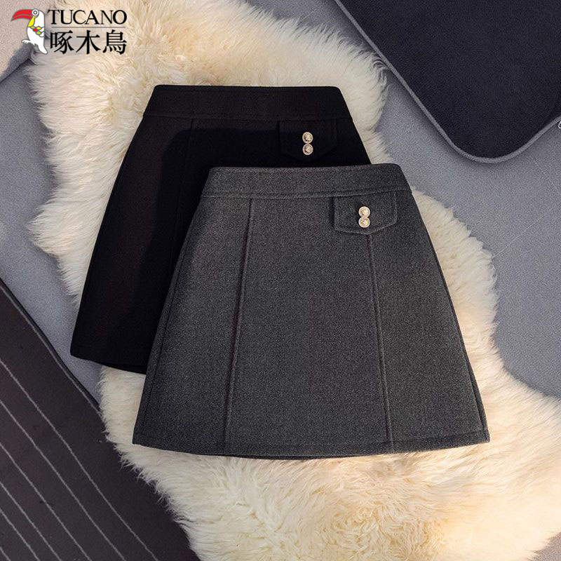 啄木鸟秋冬新款法式毛呢半身裙女高腰显瘦高级感小个子百褶裙靴裙