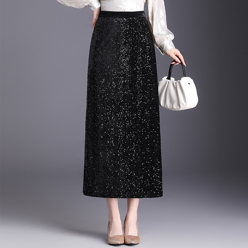 时髦洋气中长款亮片修身包臀裙2025年春款高腰显瘦直筒通勤半身裙