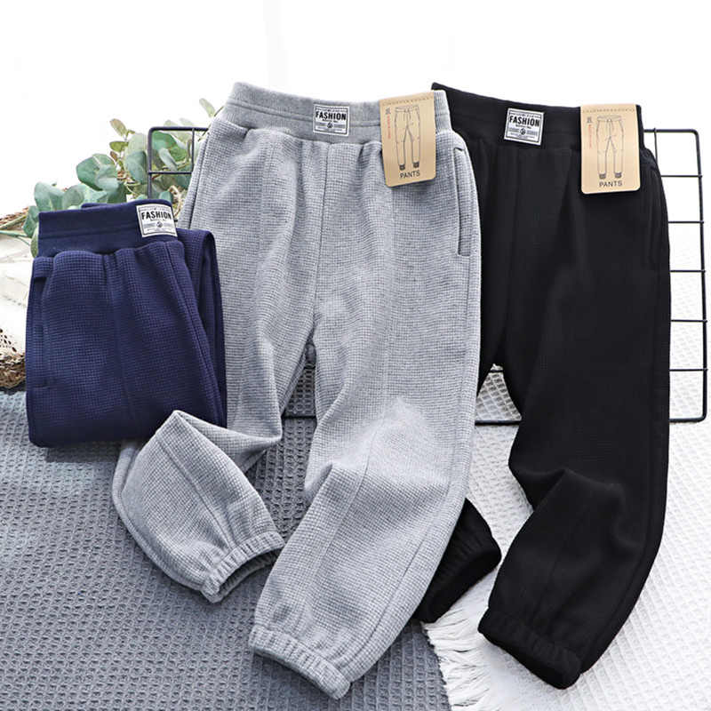 新款男童运动裤华夫格黑色长裤儿童洋气卫裤大童裤子休闲裤春秋潮