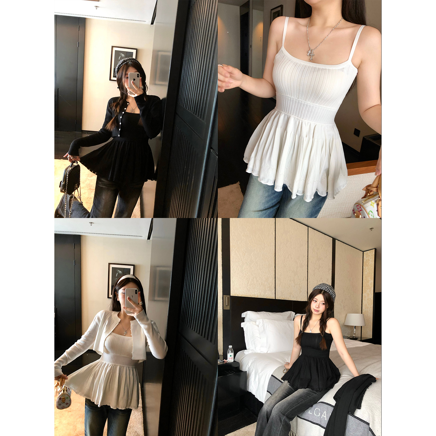 野生辣辣Jennie韩系微胖mm针织开衫上衣收腰吊带裙两件套大码套装