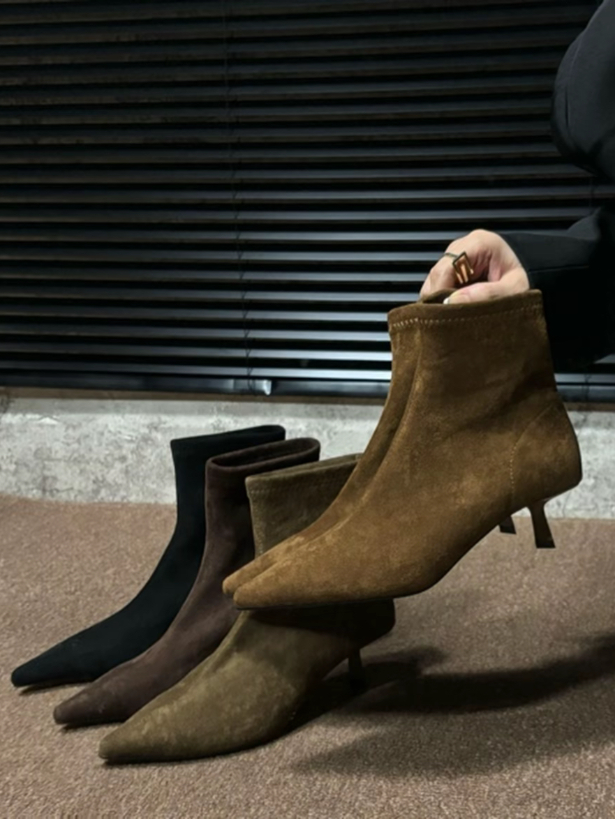 法式绒面尖头细跟弹力瘦瘦短靴女秋冬外穿百搭高跟鞋不累脚弹力靴