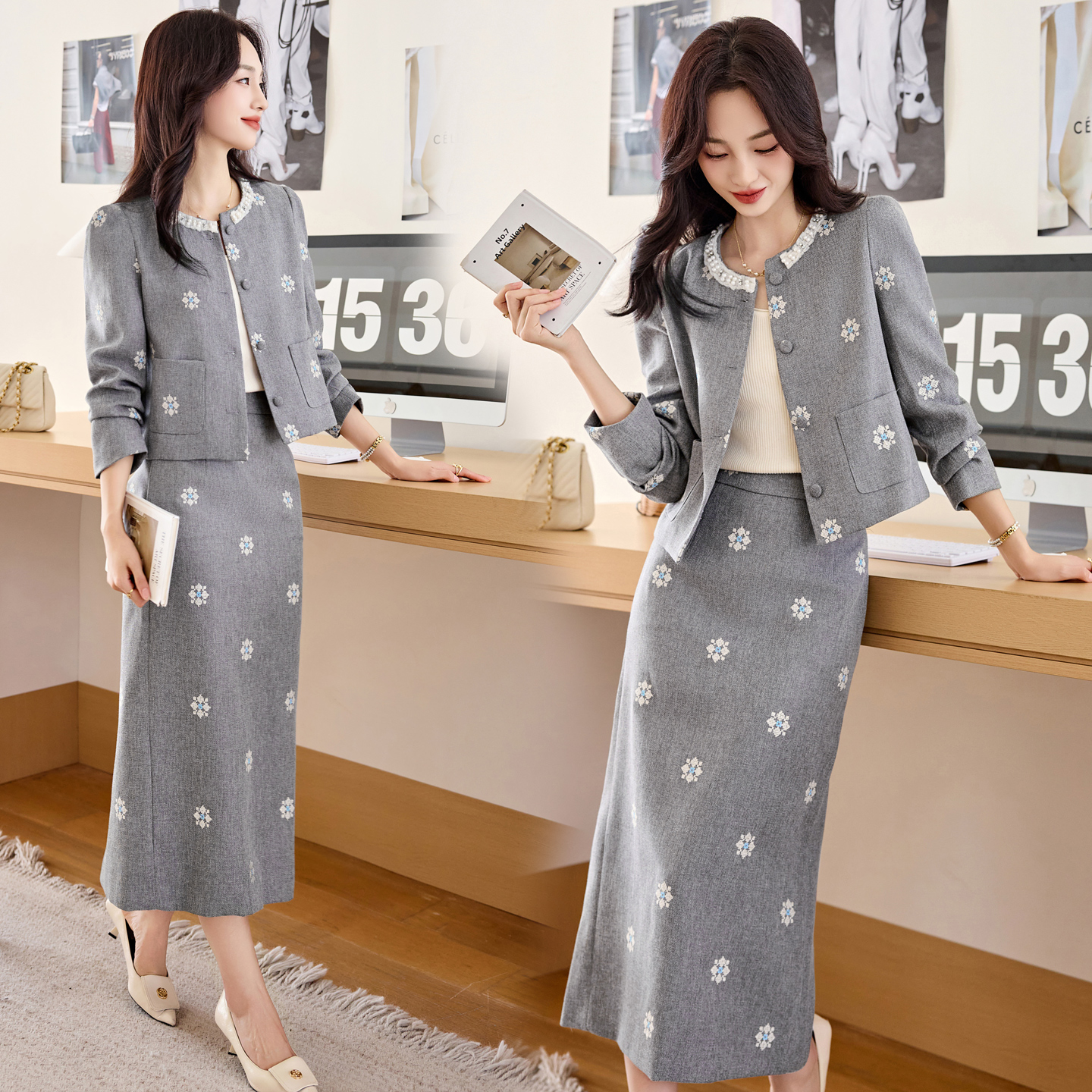 小香风时尚刺绣套装裙女2025年秋季新款穿珠名媛气质半身裙两件套