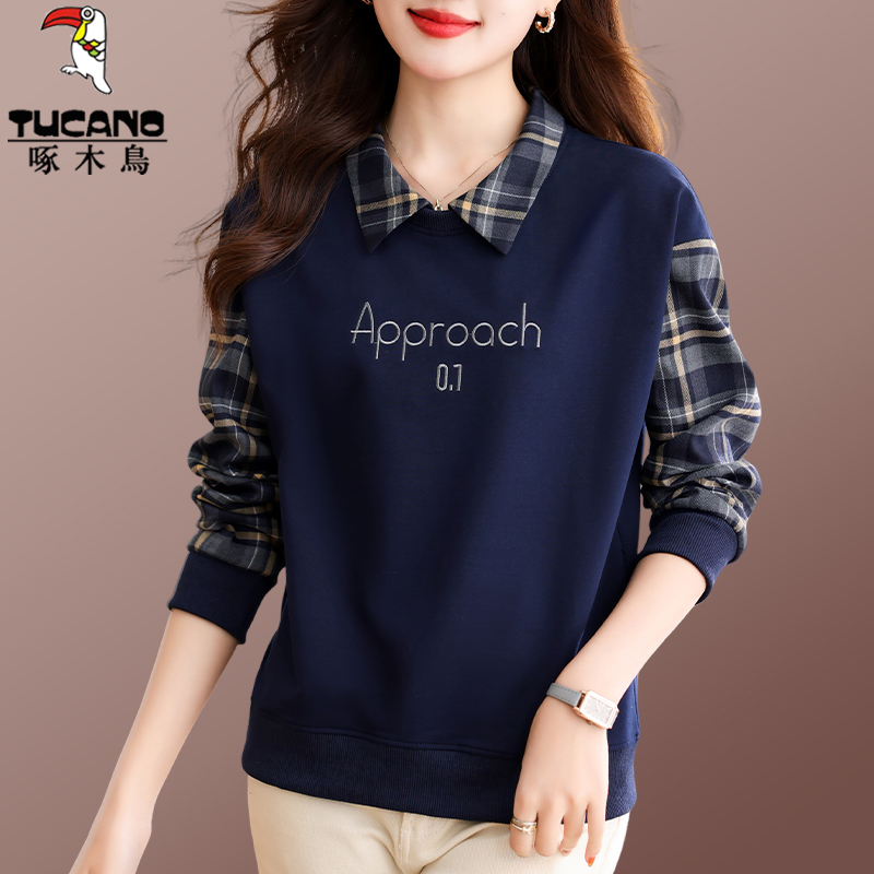 啄木鸟秋季假两件卫衣女2025新款女装秋冬小个子加绒加厚保暖上衣