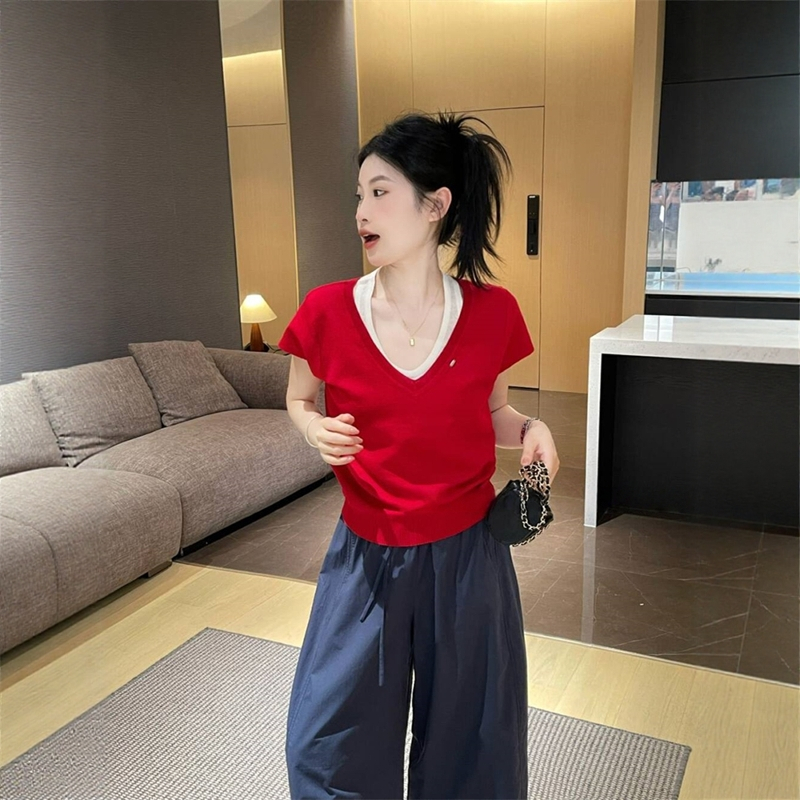 韩版红色冰丝针织假两件v领正肩短袖T恤女夏季飞飞袖独特短款上衣