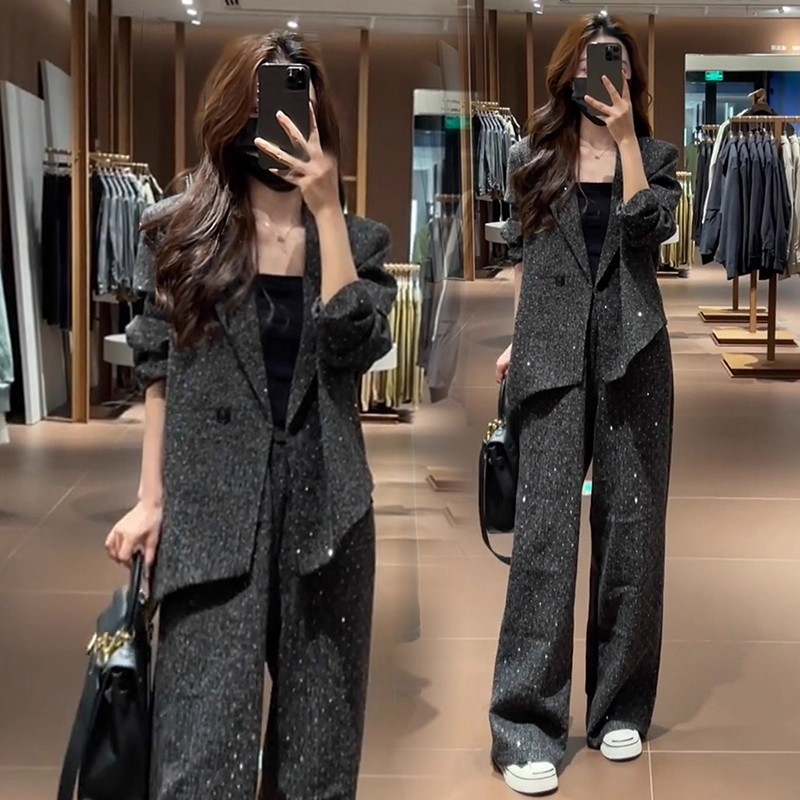 拉夏贝尔高端轻奢复古套装裙女2025春秋新款时尚气质简约亮片套装