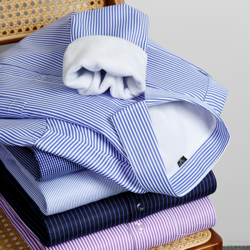 秋冬季男士长袖条纹加绒加厚衬衫商务休闲条纹保暖中年爸爸衬衣寸