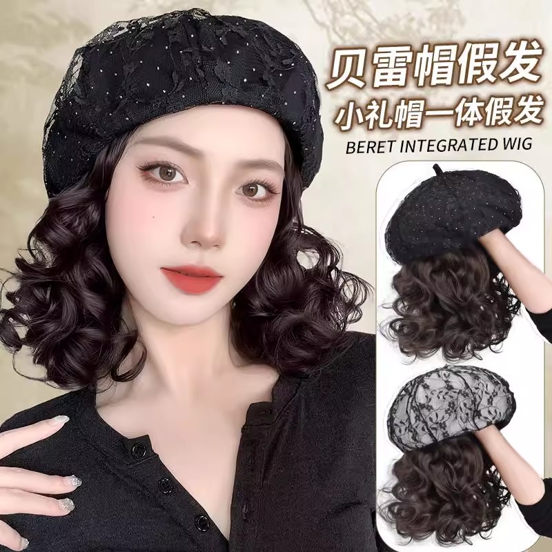 帽子假发一体女秋冬新款妈妈短卷发洋气贝雷帽蕾丝花朵八角假发帽